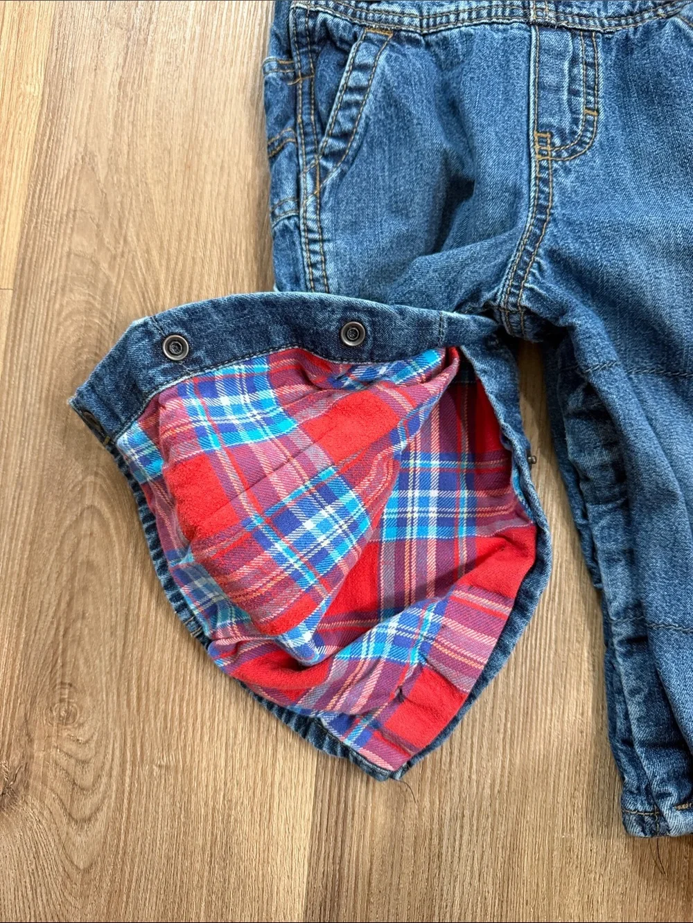 OskKosh B'gosh Denim Overalls Red Flannel  Lining Snap Up Legs Toddler Size 18M